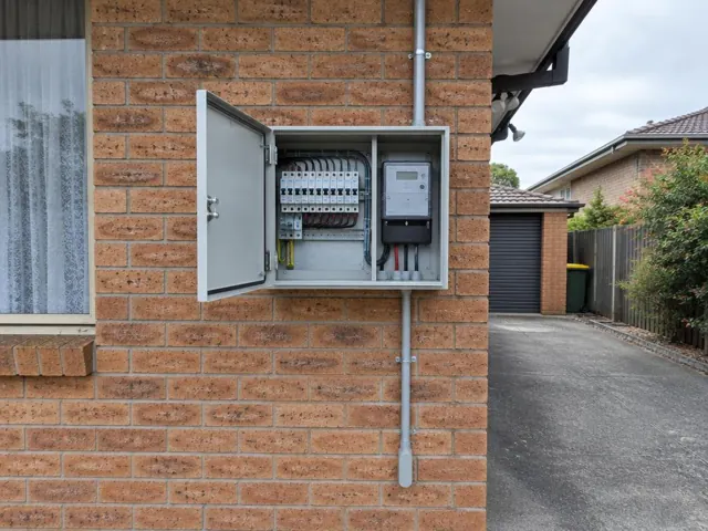 Open upgraded switchboard on a brick exterior wall beside a driveway in Baulkham Hills